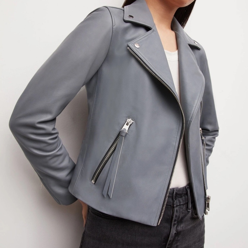 All Saints Dalby Leather Jacket in Grey Steel - Size 2 - Picture 3 of 10